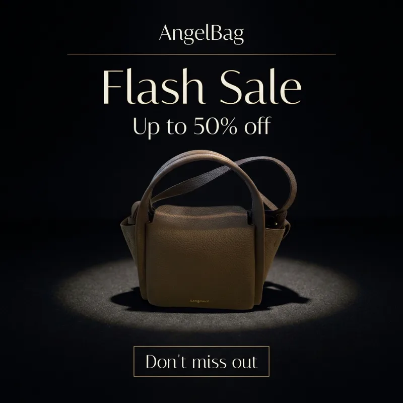 A Katalogi promo poster: the AngelBag handbag lit on black, headed "Flash Sale", "Up to 50% off", with a "Don’t miss out" button