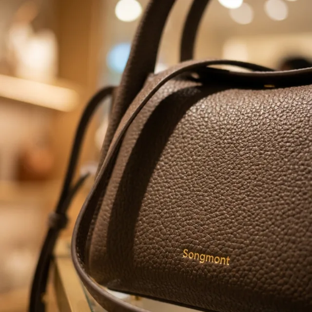 Close crop of the handbag showing the grain of the leather
