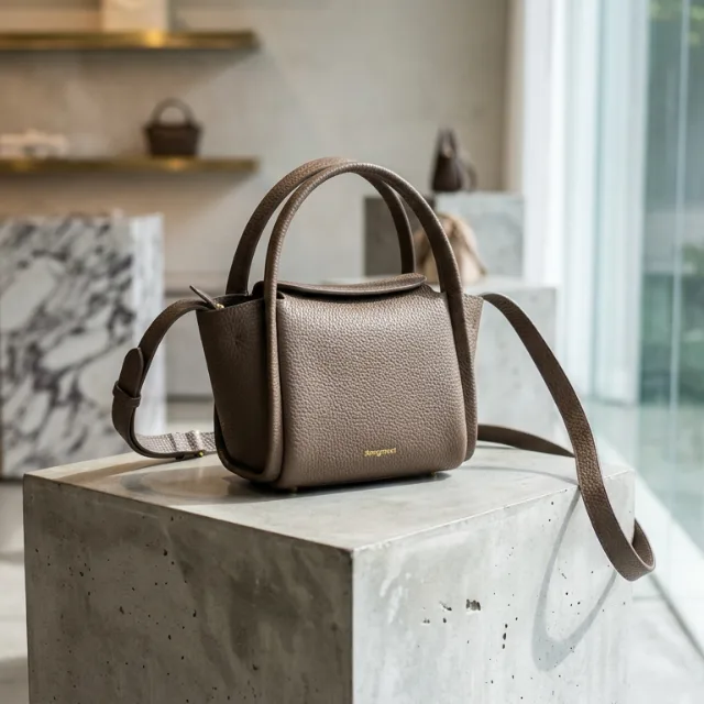 The handbag on a concrete plinth beside a window